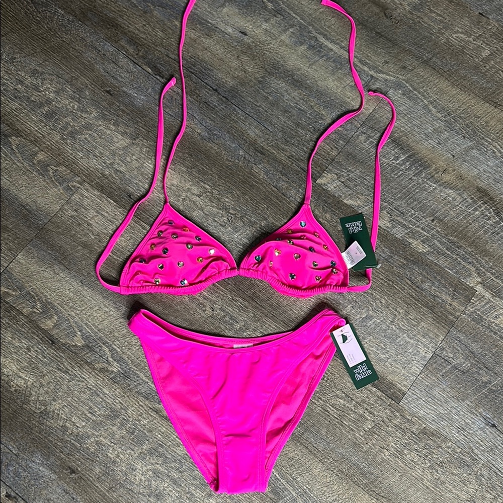 Wild fable Pink Embellished Bikini Set Small